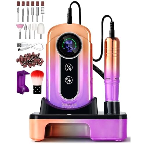Professional Electric Nail Drill Kits 45000RPM Gradient Purple Portable Cordless 3-in-1 Nail File Machine with Rechargeable Stand and Nail Lamp for Acrylic Gel Polish Removing Home & Salon Use