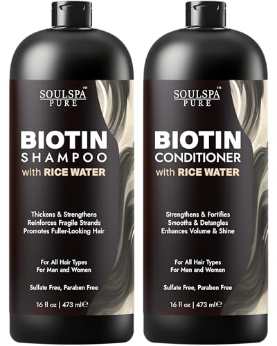 SOULSPA PURE Biotin Rice Water Shampoo & Conditioner Set - 16 fl oz Each, Strengthens Fragile Hair