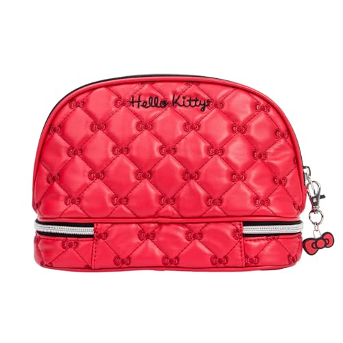 Impressions Vanity Hello Kitty Quilted Arch Travel Makeup Bag Organizer, Hello Kitty Bows Embroidered with Enamel Logo Plate, Bottom Zipper Cosmetic Bag, Black Polyester Lined Interior, Inner Pocket