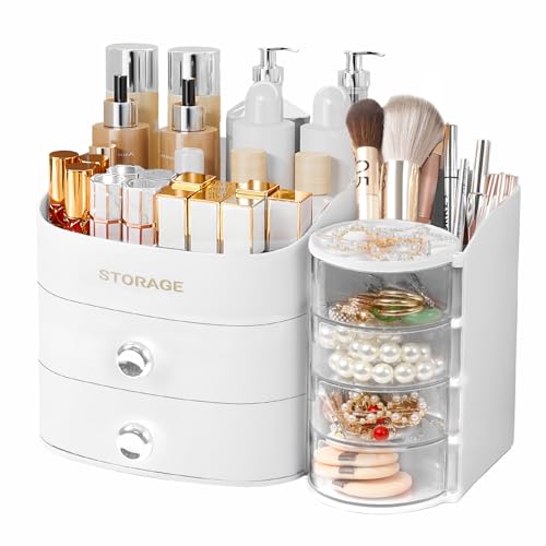 XIAPIA Makeup Organizer Countertop, Make Up Organizer for Vanity, Skincare & Cosmetic Organizers with Drawers, Bathroom Organizers Storage for Brush Holder|Lipstick|Jewelry, Ideal Gift for Women WHITE