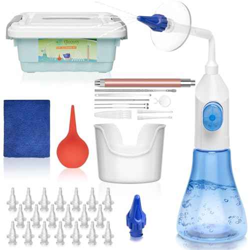 Ear Wax Removal Tool, Ear Cleaning Kits Safe Ear Irrigation Kit Ear Flush Kit for Adults Kids, Ear Wax Washer Device with LED Earwax Spoon, Basin, Bulb, Curette Kit, Towel,Tips,Storage Box,Blue,50pcs