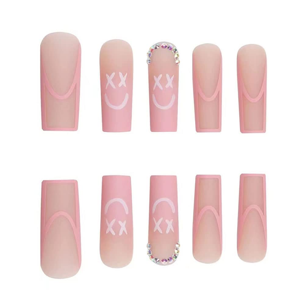 Magrace Long Square Press on Nails Fake Nails French Tips False Nails with Designs Rhinestone 24 pcs Stick on Nails for Women