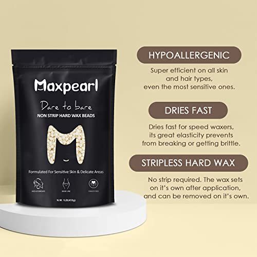 Maxpearl Wax Beads for Facial Hair Removal, 1LB Hypoallergenic Hard Wax Beans with Natural Ingredients for Sensitive Skin, Eyebrows, Upper Lip, Chin, Sideburns, Neck & More