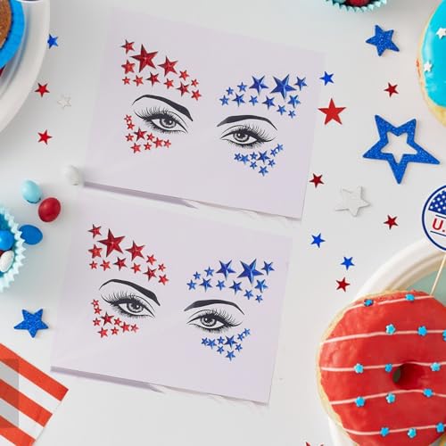 Independence Day Face Gems,4th July Fece jewelry Red Blue Star Tattoo Sticker rhinestones for Women Kids Parade Makeup Party Decoration 2 pcs