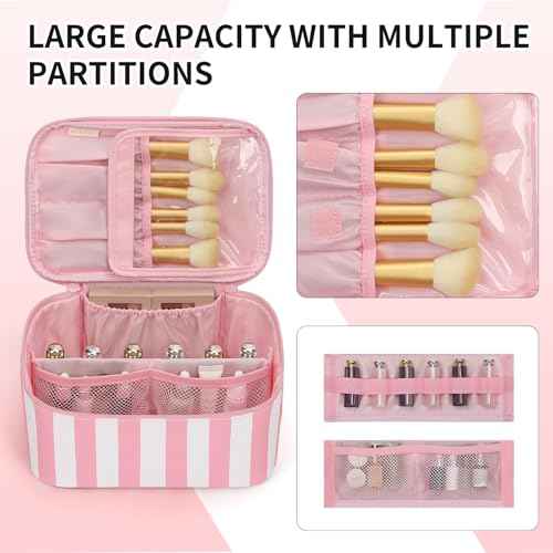OCHEAL Makeup Bag,Travel Makeup Organizer Bag, Large Capacity Cosmetic Bags For Women Large Travel Toiletry Bag Girls Traveling With Brush Slot And Divider-Stripes Pink