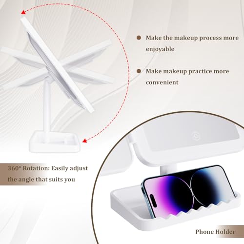 DailyCuddles White Makeup Mirror with Lights - 3 Color Modes, 1X/2X/3X Magnification, Tri-Fold, 360° Rotation, USB-C Rechargeable, Phone Holder