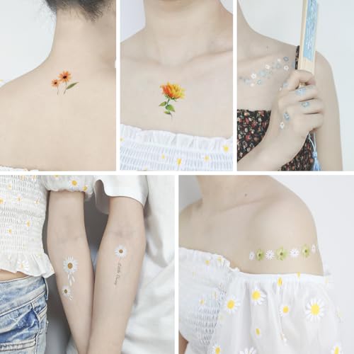 Temporary Tattoo Stickers for Women - 15 Sheets Daisy Flower Design