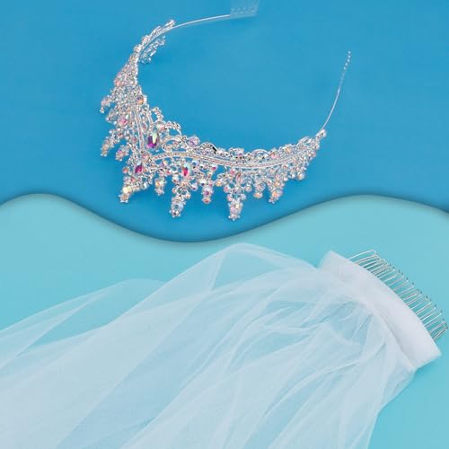 KICOSY Sliver Wedding Crowns Veils for Women, Bride Wedding Tiara Adult White Veils Bridal Headband Hair Accessories, Princess Decorations for Girls Crystal Crown for Bachelorette Bridal Party