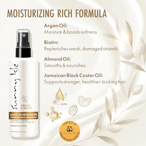 Sunny Isle Argan & Biotin Leave-In Detangler Conditioner - Collagen, Almond Oil, Castor Oil - 8 oz