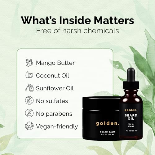 Golden Grooming Beard Bundle for Black Men | Natural Beard Growth Kit with Shea Butter | 2oz Balm & 1oz Oil, Fresh Scent