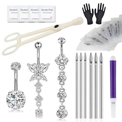 Yugui Belly Button Piercing Kit - Body Piercing Kit with Navel Rings Piercing Pliers Disposable 12G 14G Stainless Steel Piercing Needles Tools for DIY Piercing Self Belly Piercing Kit, Silver/Gold