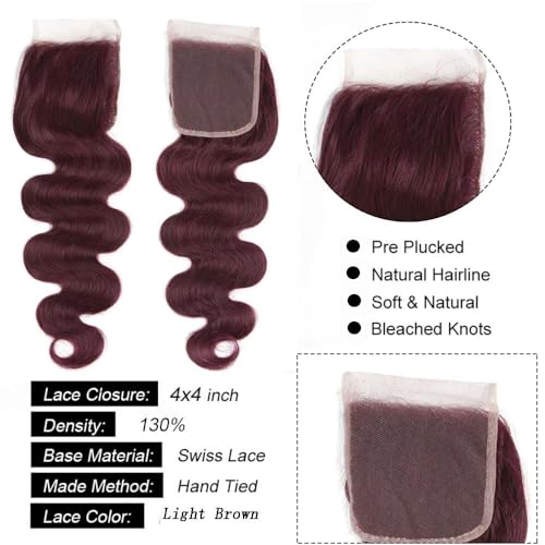 Burgundy Lace Closure 4x4 HD Transparent Swiss Lace Human Hair