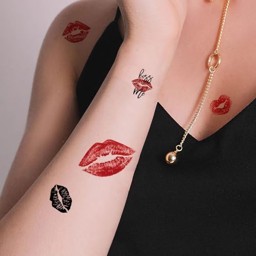 8 Sheets (70PCS) Lip Kiss Temporary Tattoos Stickers Valentines Day Theme Hot Pink Red Halloween Birthday Party Decoration Supplies Favors for Women Girls