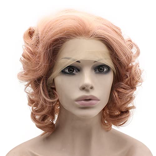 MX angel Short Curly Synthetic Hair Lace Front Rose Pink Wig Heat Friendly Fiber Hair