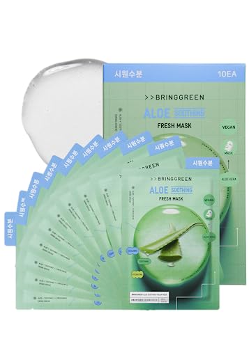 BRING GREEN ALOE SOOTHING FRESH MASK (10 Count) | Daily Skincare Facial Mask Sheet for Soothing, Moisturizing, Nourishing, Sensitive & Irritated Skin with Natural Ingredients, All Natural Fiber Sheet