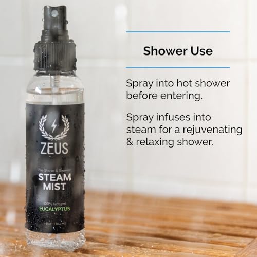 ZEUS Natural 100% Eucalyptus Essential Oil Shower Steam Mist, Aromatherapy Spray for Room, Bath, Congestion & Pre-Shave, Sauna & Spa Steam Mist (MADE IN USA) 4 oz.