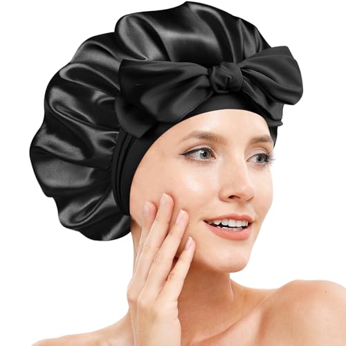 Silk Bonnet for Women - Adjustable Double Layer Sleep Cap Black