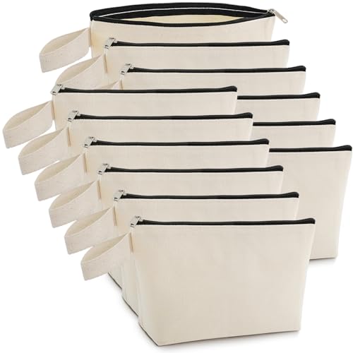 12PCS Canvas Makeup Bags Bulk, 12x8'' Large 12Oz Thick Cotton Canvas Zipper Pouches for Cosmetic Toiletries Oragization, Plain Beige Makeup Bag to Personalize (Beige, L, 12.2x7.4x 2.7'')