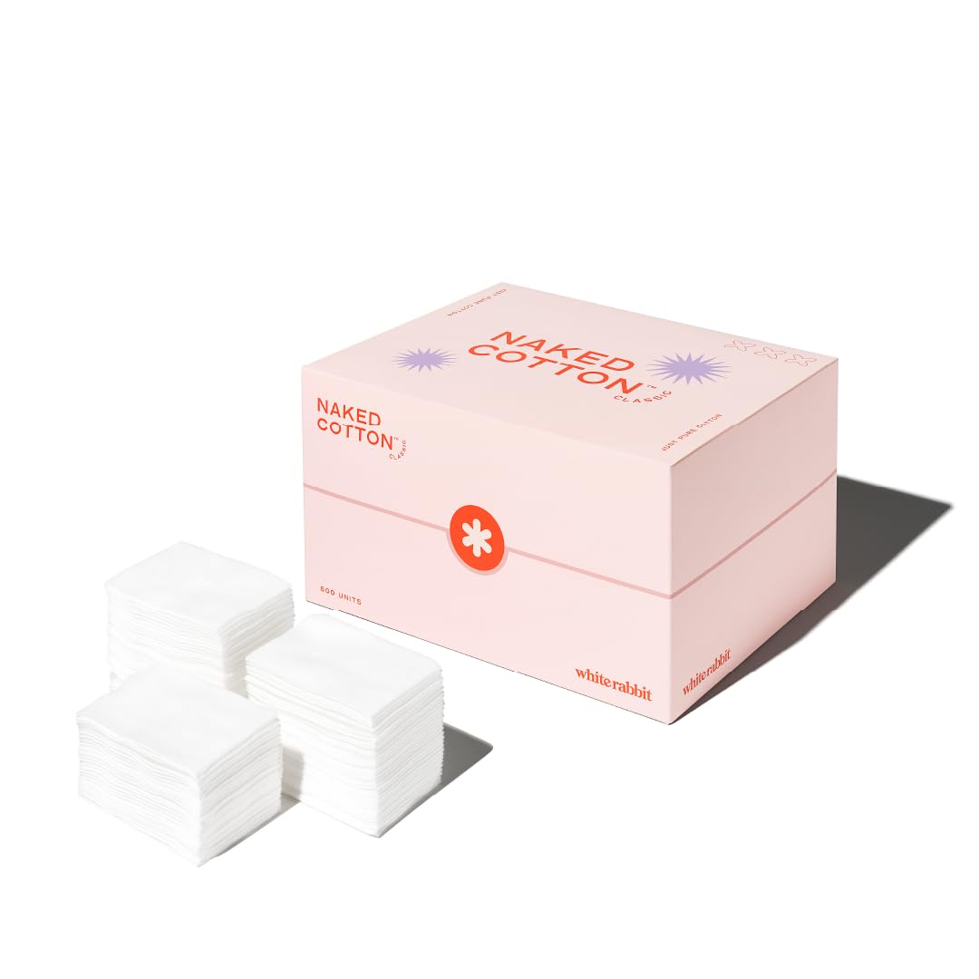 White Rabbit – Naked Cotton Classic – Premium 100% Cotton Pads for Toner Use, Makeup Remover, and Masks | Unbleached, Lint-Free, Extra Soft | Korean Skin Care Product (500 Count)