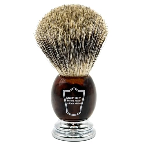 Parker 3-Band Pure Badger Shaving Brush with Faux Horn & Chrome Handle + Stand | 22mm Soft Knot for Dense Lather | Handcrafted Wet Shaving Brush for Cream or Soap | Long Loft