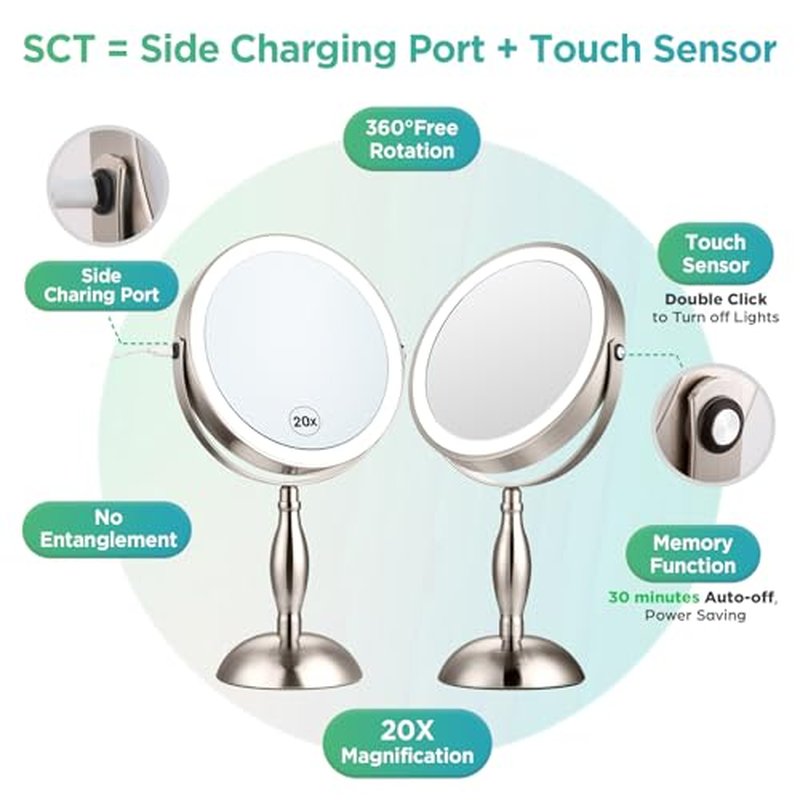 20x Magnifying Mirror with Light, 5000mAh Lighted Makeup Mirror with 3 Color Modes and Adjustable Brightness, Side Charging Port & SideTouch Sensor, 360¡Æ Rotation -Brushed Nickel