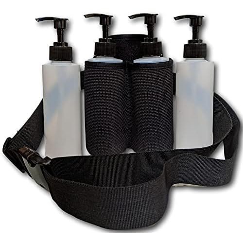 Earth's Essentials Insulated Double Bottle Holster with Belt for Massage Oils & Lotions - Includes (4) 8 Ounce Bottles / (4) Pumps / (4) Disc Caps