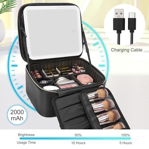 Travel Makeup Bag with LED Mirror & Brush Storage