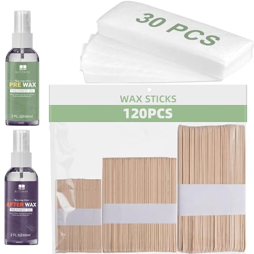 BLITZWAX Wax Kits with 120pcs Wooden Sticks for Hard Wax Hair Removal, Eyebrow Large and Small Applicators for Face, Body, and Lip, with 30 Wax Papers and Oils, Ideal for Women¡¯s At-Home Waxing