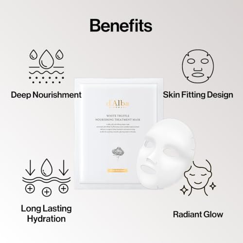 d'alba Piedmont Italian White Truffle Nourishing Mask 10pcs, Vegan Skincare, Nourishing Sheet Mask for Dry and Tired Skin, Deep Hydration, Korean Skin Care (5pcs x 2)