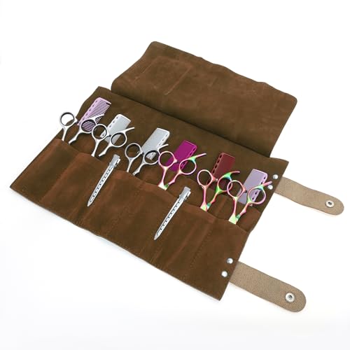 VOCOSTE Barber Scissor Roll-Up Bag with 12 Pockets, Brown