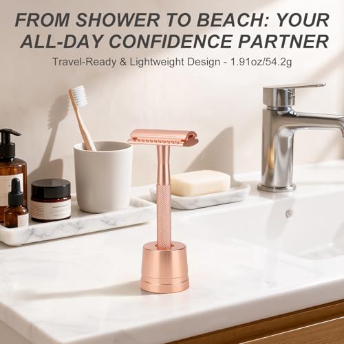 Safety Razor with Stand for Men & Women - Double Edge Single Blade Razor, One Blade Razor with 10 Blades & Metal Stand - Reusable Mens & Womens Shaving Razor (Complete Kit)-Rose gold