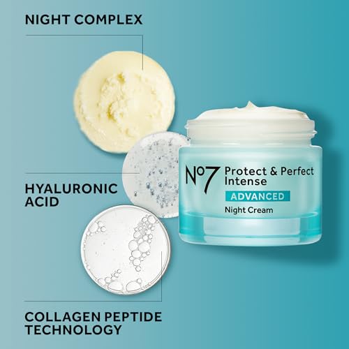 No7 Protect & Perfect Intense Advanced Night Cream Fragrance Free - Vitamin E & Shea Butter Face Cream - Fine Line Reducing Moisturizer with Collagen Peptide Technology (1.69 fl oz)