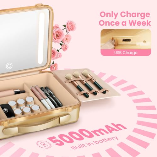 Makeup Travel Case with LED Lighted Mirror - Gold
