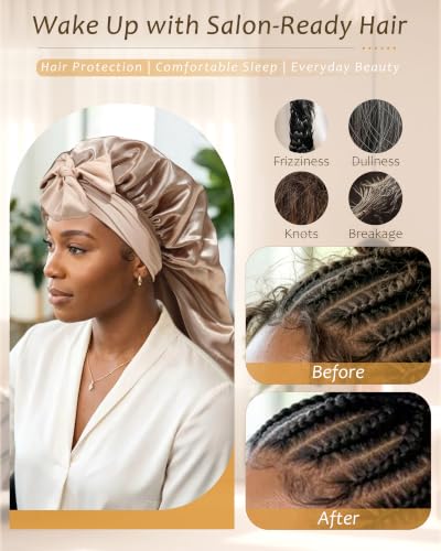 AWAYTR Long Satin Bonnet for Braids - Double Layer Sleep Cap, Champagne, One Size