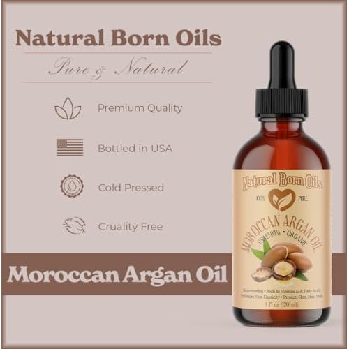 Natural Born Oils Moroccan Argan Oil. 2oz. 100% Pure and Natural, Cold-pressed, Organic. Natural Moisturizer for Your Skin and Hair