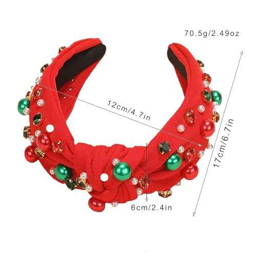 Christmas Headband for Women,Pearl Rhinestone Crystal Jeweled Hairband, Christmas,New Year's Day,Valentine Day,Mother's Day Knot Hair Hoops,Festive Pearl Hair Accessory(Red+Green)