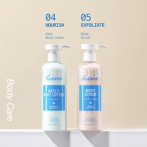 Ruby Kisses Complete Hydration Skincare Set, Face & Body Essentials, Includes Daily Foaming Cleanser, Balancing Mist Toner, Daily Body Lotion, Gentle Body Scrub, Korean Skincare