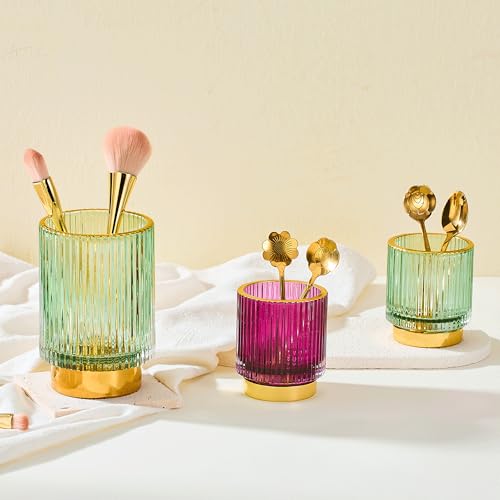 Vintage Glass Makeup Brush Holder with Gold Metal Base
