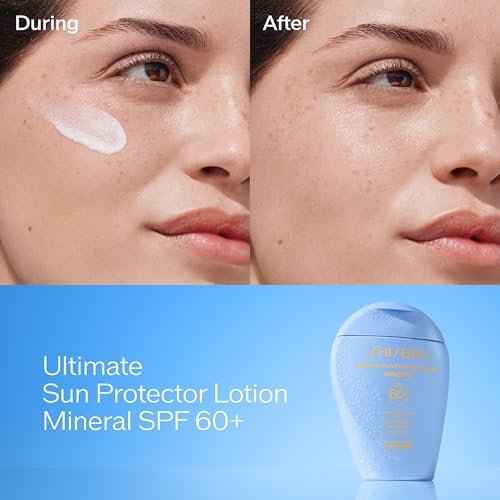 Shiseido Ultimate Sun Protector Lotion Mineral SPF 60+ - Sheer, Broad-Spectrum Sunscreen for Face & Body - Visibly Improves Fine Lines, Smoothness & Skin Tone - Fragrance Free, All Skin Types