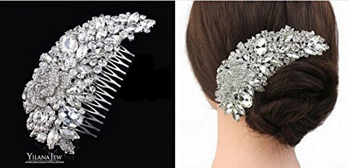 Bride Side Hair Piece Clip for Women Silver Rhinestone Wedding Hair Comb Clips (White)