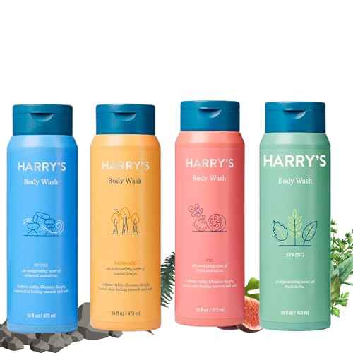 Harry's Men's Body Wash, 18 Fl oz (Pack of 4) | Men's Body Wash and Shower Gel Variety Pack - Stone, Redwood, Fig & Spring Scent | Sulfate-Free for Men