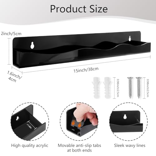 6 Pack Wall Mounted Acrylic Nail Polish Organizer Rack 15 Inch Black Nail Polish Shelf with Removable Ends Multi-Purpose Shelf for Essential Oils Cosmetics Storage Display for Salon Bathroom