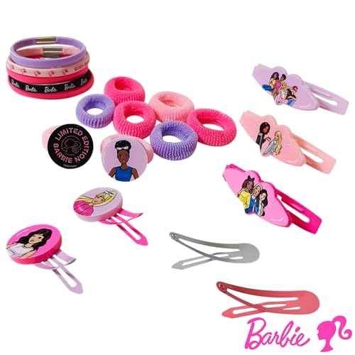 Luv Her Girls' Hair Accessories Set - 20 Pack Featuring Barbie - Includes 3 Barrettes, 4 Snap Clips, 5 Elastics, 8 Terry Ponies - Everyday Wear, Special Occasions, Ages 3+