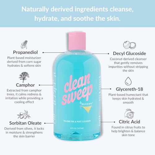 Clean Sweep 2-in-1 Pre & Post Waxing Cleanser ? No-Rinse, Anti-microbial & Moisturizing Formula ? Removes Oil, Dirt & Makeup ? Soothes & Preps Skin for Effective Waxing? 16oz