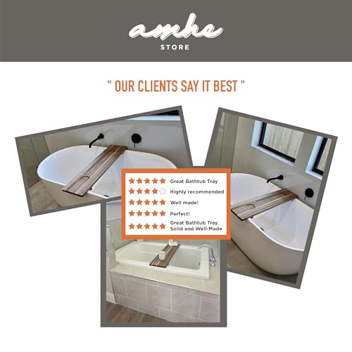 Amhe Store! Luxury Rustic Acacia Wood. Durable, Water-Resistant, Minimalistic, Adjustable 35x9 Inches. Lovely Gift - Box. Bath Tub Tray Wood - Bath Tray for Tub. Unique Natural Grain for Relaxation