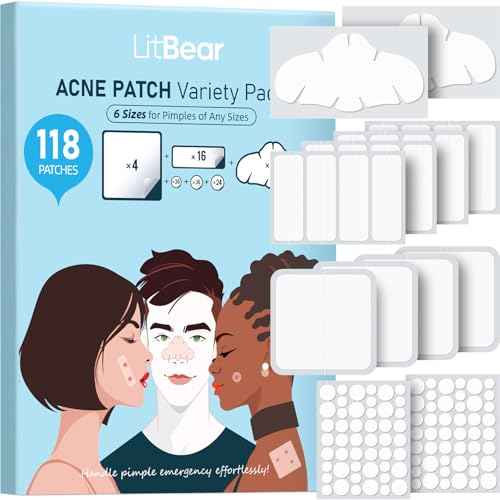 LitBear Large Pimple Patches for Face (6 Sizes 118 Pcs), Big Hydrocolloid Acne Patches, XL Hydrocolloid Bandages for Body, Cheek, Forehead, Chin, Full Face, Back, Nose