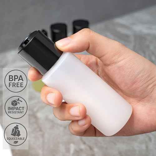 4 Pack 2oz Travel Bottles ? TSA Approved HDPE Translucent Squeeze Bottles with Black Disc Tops & 4 Extra Screw Caps, Leak Proof, Durable, BPA Free, FDA Compliant
