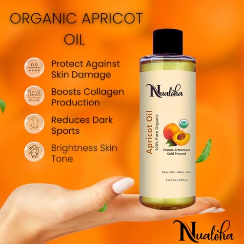 Organic Apricot Kernel Oil 220 ML, USDA Organic Pure Cold Pressed Apricot Carrier Oil For Face, Skin, Hair, Body