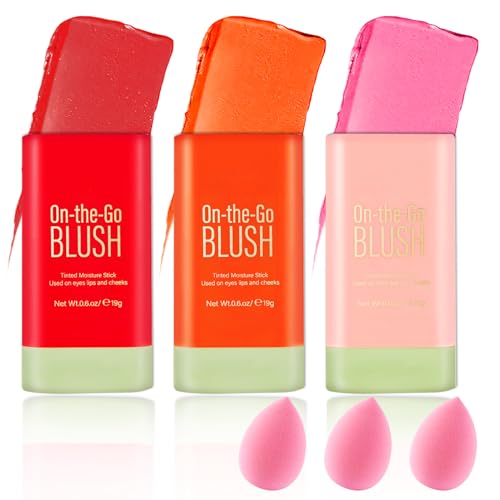 Cream Blush Sticks for Cheeks Gift Set with Makeup Sponges,Lightweight Solid Makeup Blush Stick,Waterproof Cheek Blusher Moisturizer Sticks,Multi-Use Face Stick Kit for Lips,Cheeks and Eyes