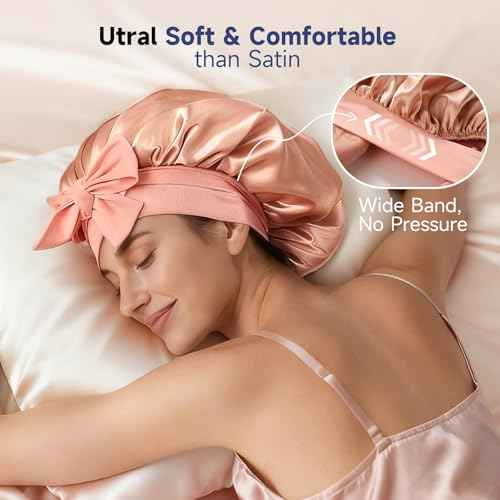 Umisleep Silk Bonnet, Soft Hair Bonnet for Sleeping, Real Mulberry Silk Lining, Bonnets for Women Hair Care, Double Layer Hair Cap with Tie, Large Silk Hair Wrap for Curly Long Hair, Blush Pink